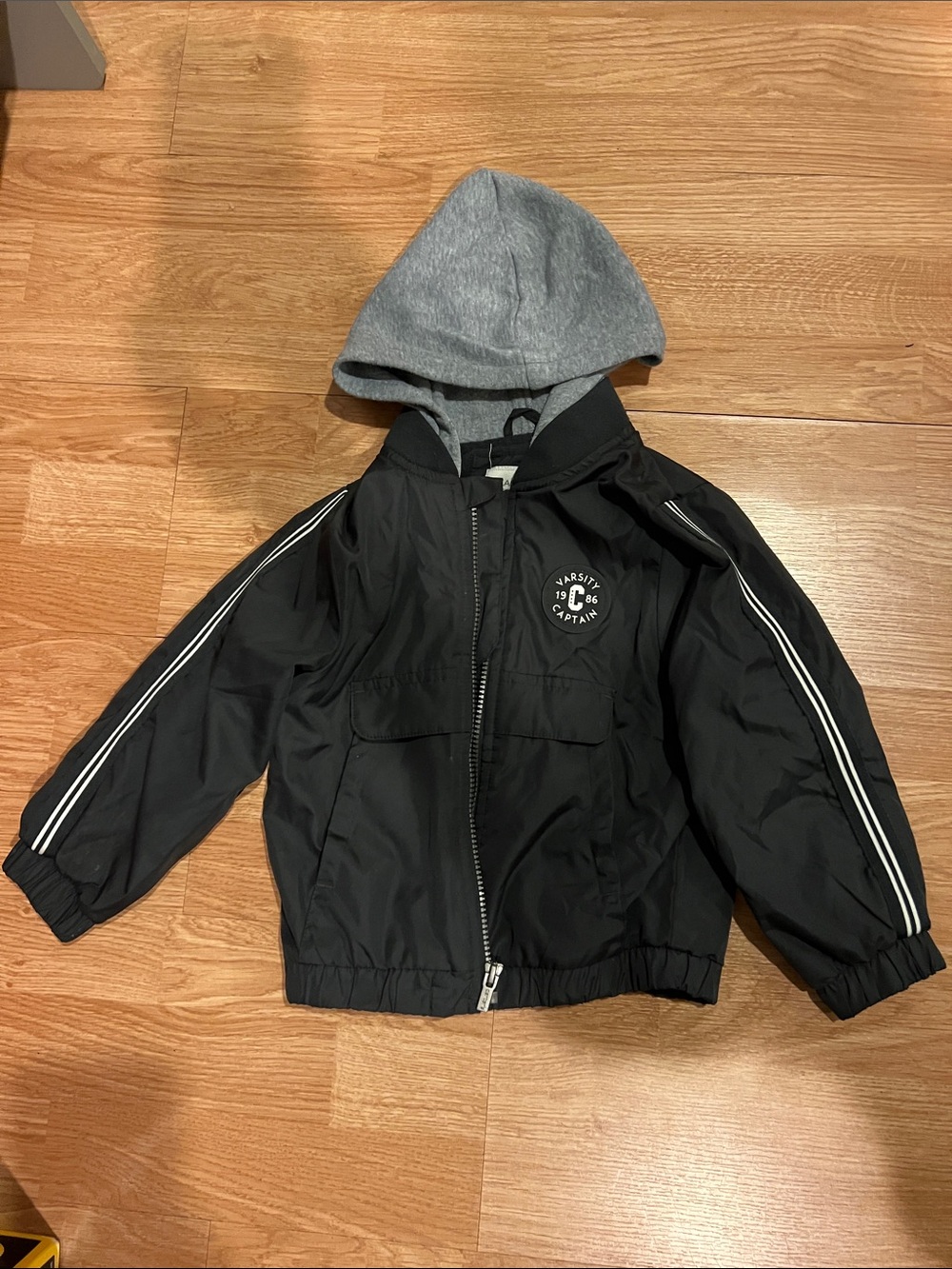 Carter's Black Puffer Jacket with Gray Hood and White Stripe Accents